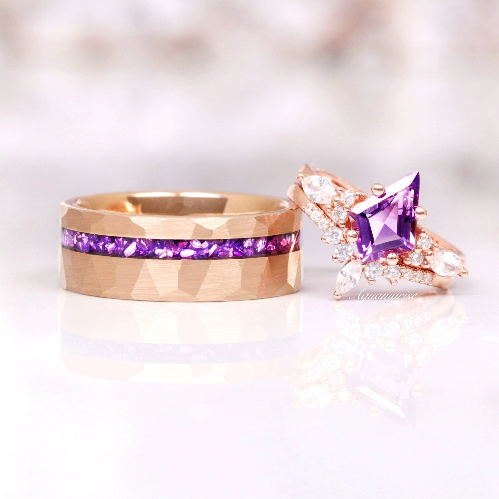 8MM Rose Gold Tungsten Crushed Amethyst Wedding Band for Men & Women - Elegant Gemstone Ring for Engagement, Anniversary & Special Occasions
