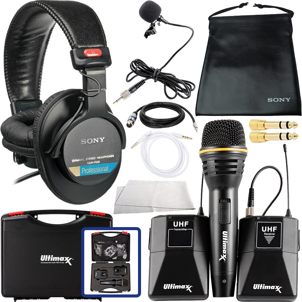 Sony MDR-7506 Professional Studio Headphones with Wireless Microphone Kit - Includes Handheld Mic, Lavalier Mic, Transmitter, Receiver & Carrying Case for Podcasting, Recording, Streaming & Live Performances