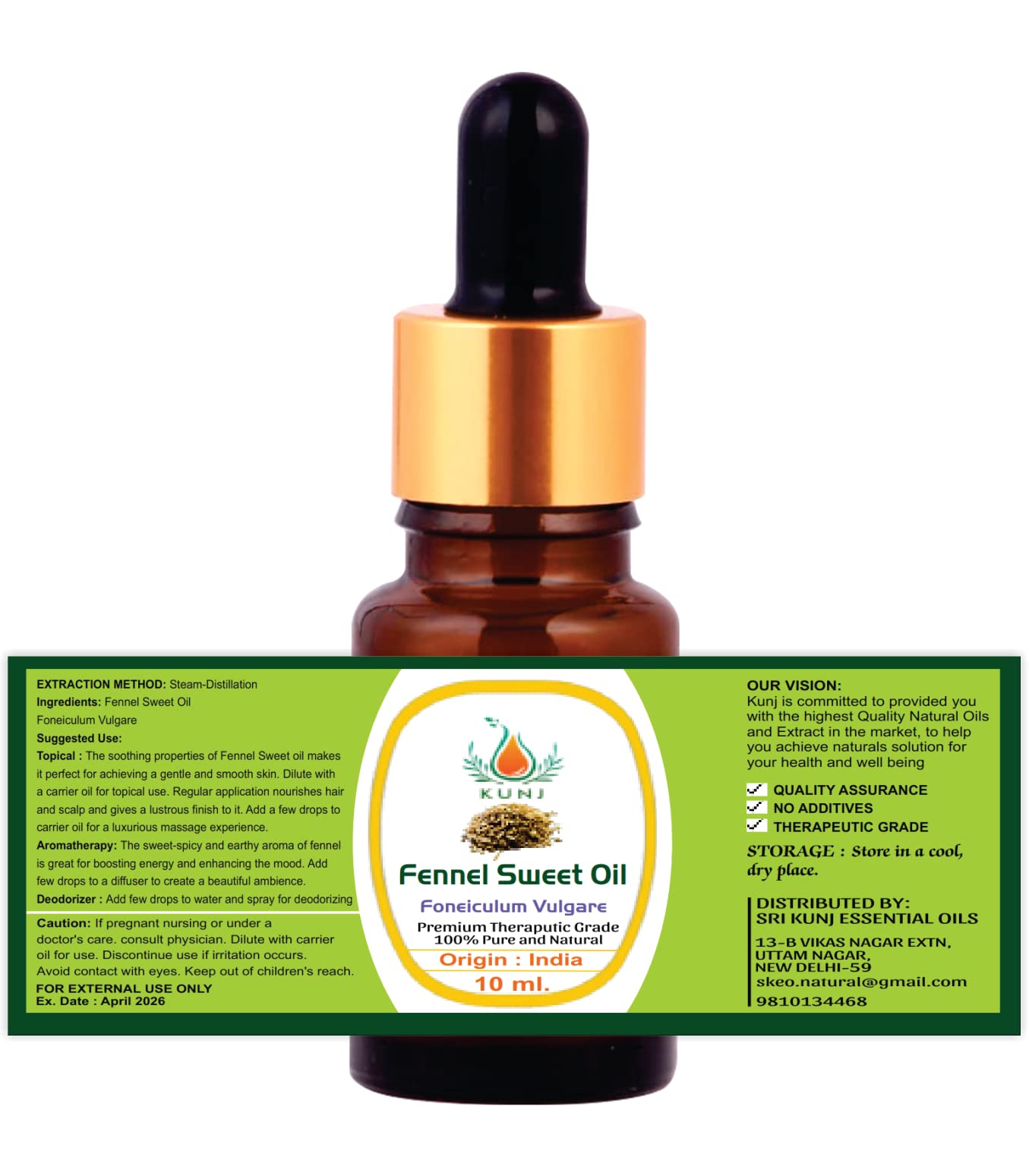 100% Pure & Natural Fennel Sweet Essential Oil (Foeniculum Vulgare) - Undiluted Therapeutic Grade, Steam Distilled for Skin Care, Hair Growth & Aromatherapy - 10ml Bottle for Massage, Diffuser & DIY Beauty Products