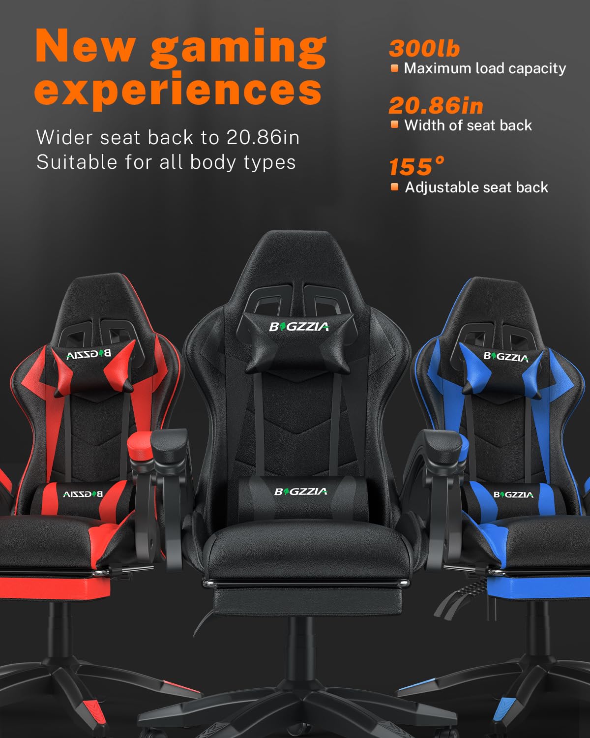 Bigzzia Ergonomic Gaming Chair with Footrest - Adjustable Height, Reclining Racing Style Office Chair with Headrest & Lumbar Support, 360° Swivel - Perfect for PC Gaming, Home Office & Esports (Black)