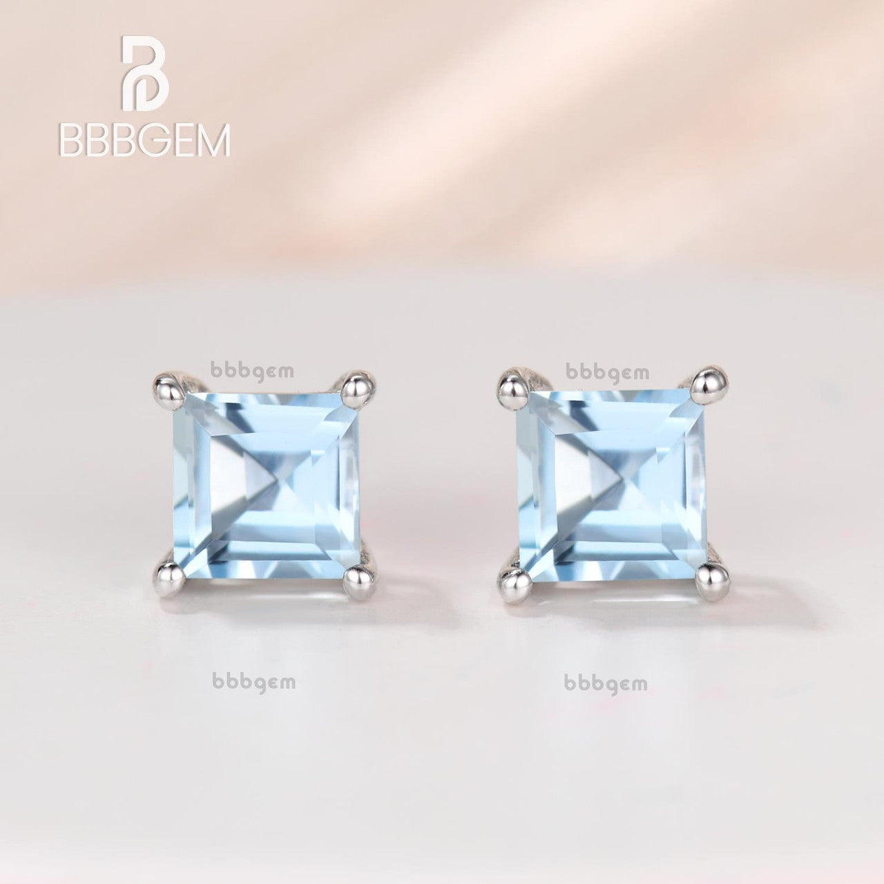 5mm Square Cut Aquamarine Stud Earrings in 14K White Gold - Classic Basket Setting for Women, Perfect for Weddings, Anniversaries & Everyday Elegance