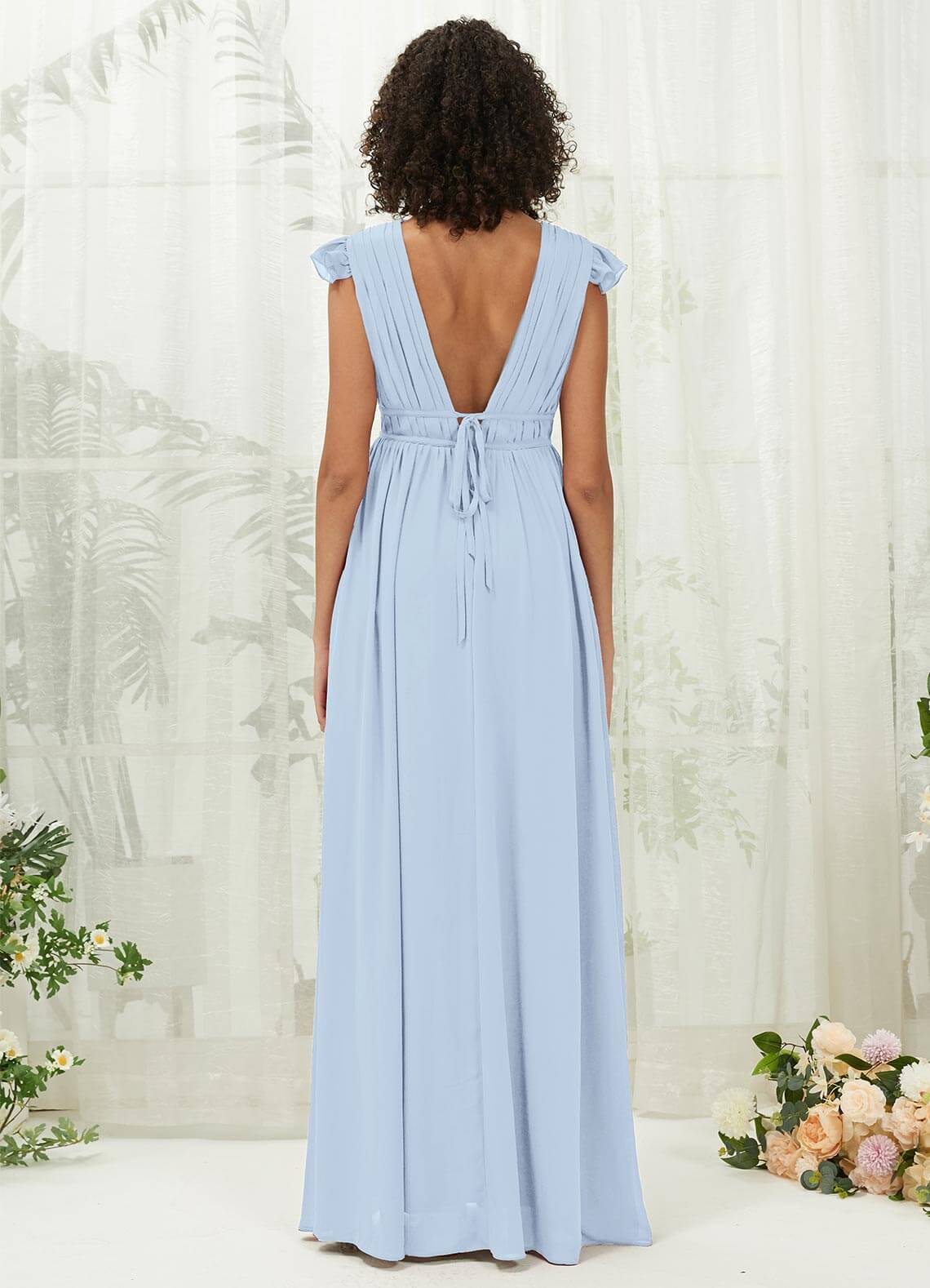 Elegant Cornflower Blue Chiffon Bridesmaid Dress with Cap Sleeves, Pleated Details & V-Neck - Perfect for Weddings, Formal Events & Evening Occasions