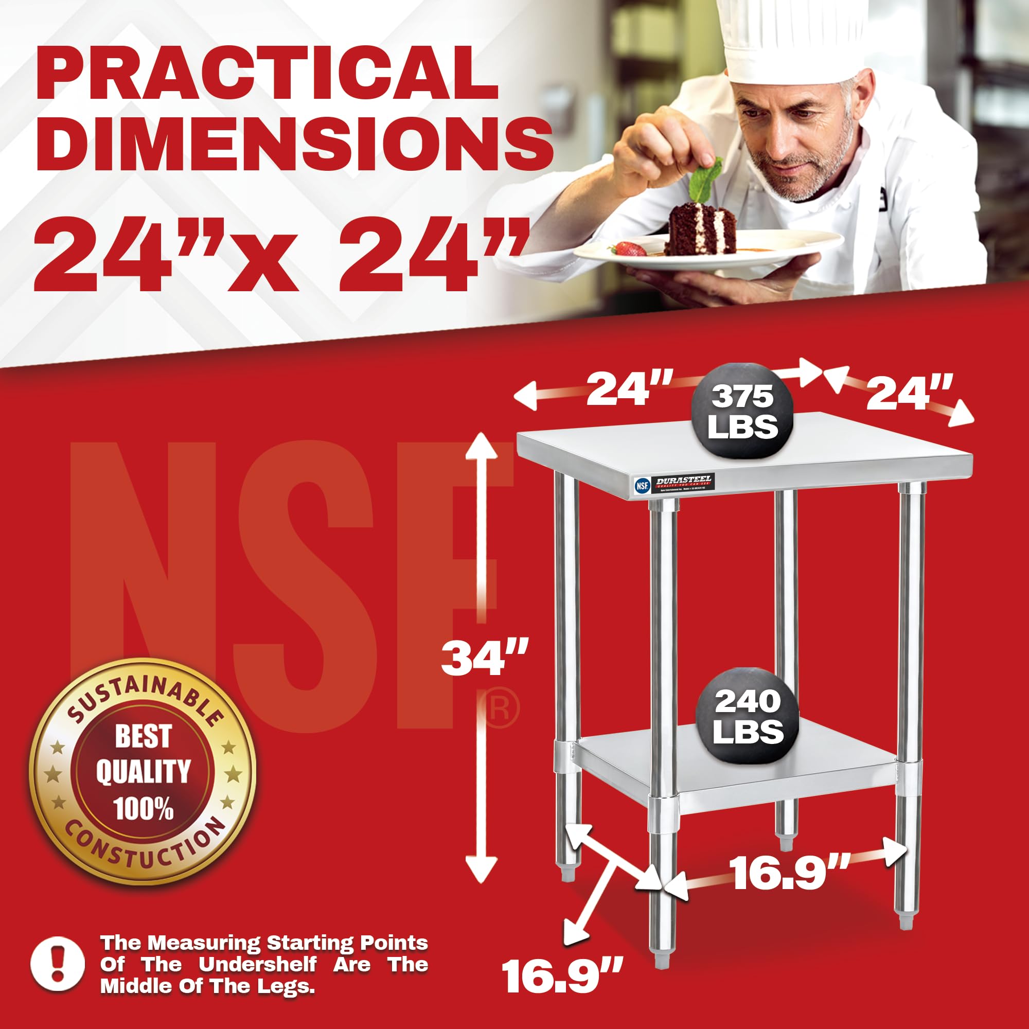 DuraSteel 24x24 Stainless Steel Prep Table - NSF Certified Commercial Outdoor Grill Table with Under Shelf - Heavy Duty Metal Workbench for Kitchen, Laundry Room & Small Spaces - Perfect for Food Prep, BBQ Cooking & Home Organization