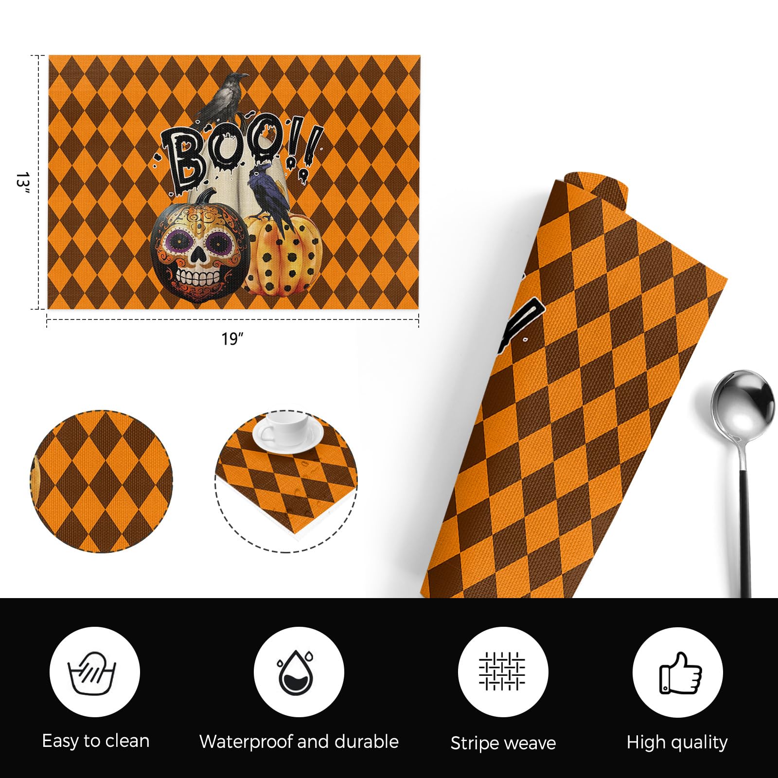 Halloween Placemats Set of 4 - Washable PVC Table Mats for Dining & Kitchen, Woven Vinyl Plastic Placemats with Bohemian Pumpkin Crow Skull Design - Perfect for Holiday Decor, Dinner Parties & Fall Table Settings