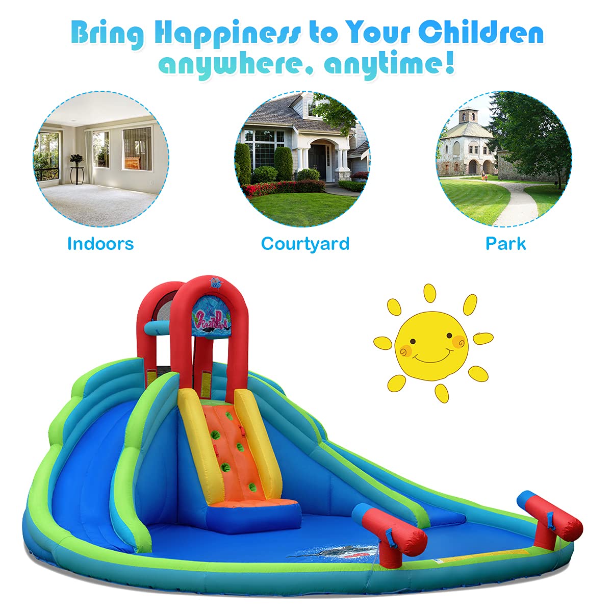 GOFLAME Inflatable Water Slide for Kids - Large Splash Pool, 2 Slides & 2 Water Cannons, Bounce House with Carry Bag, Stakes & Repair Kit (Includes 780W Air Blower) - Perfect for Backyard Parties, Summer Fun & Outdoor Family Activities