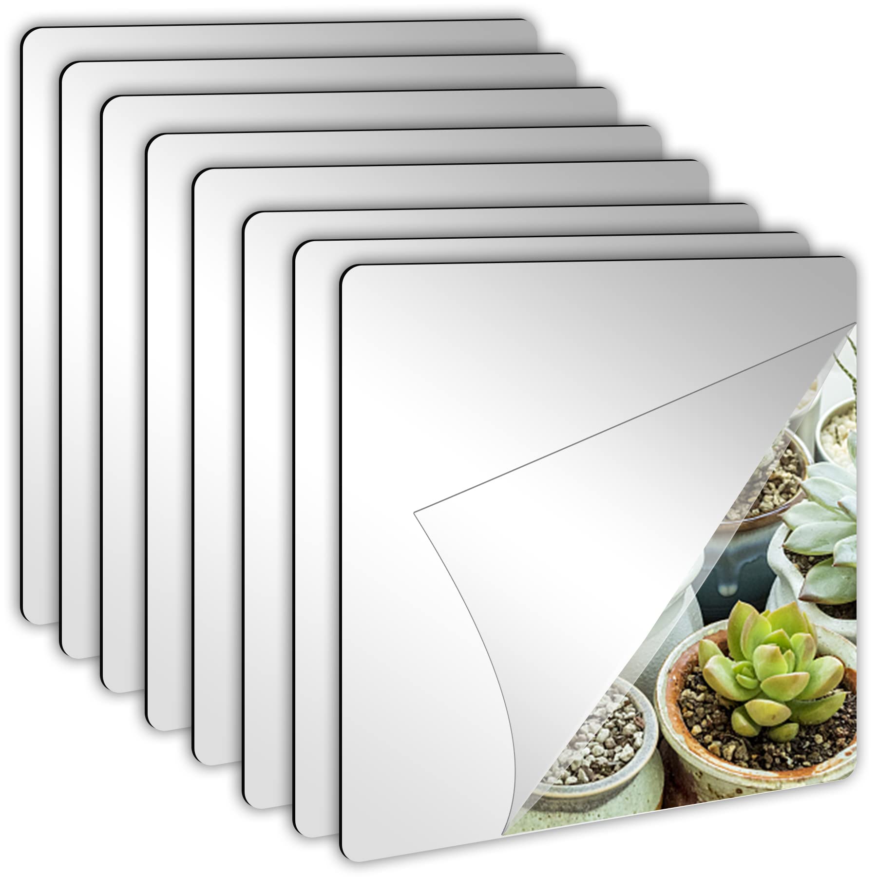 8 Pack Self-Adhesive Acrylic Mirror Tiles - 8x8 Inch Flexible Plastic Mirror Sheets, 2MM Thick Frameless Wall Stickers for Home Decor, DIY Projects, and Bathroom Vanity