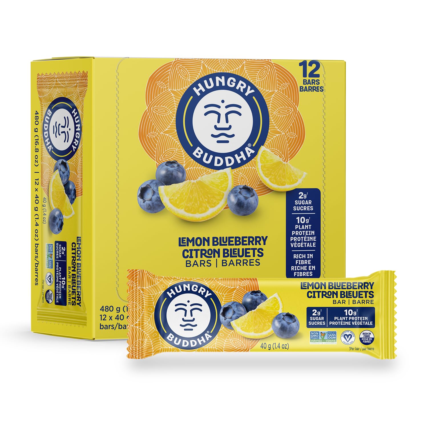 Hungry Buddha Bars - Vegan Protein Bars, Low Sugar, Gluten Free, Keto Friendly, Peanut Free - Plant Based Nutrition Snacks - 12 Pack (Lemon Blueberry) - Perfect for Workouts, Hiking & Healthy On-the-Go Snacking