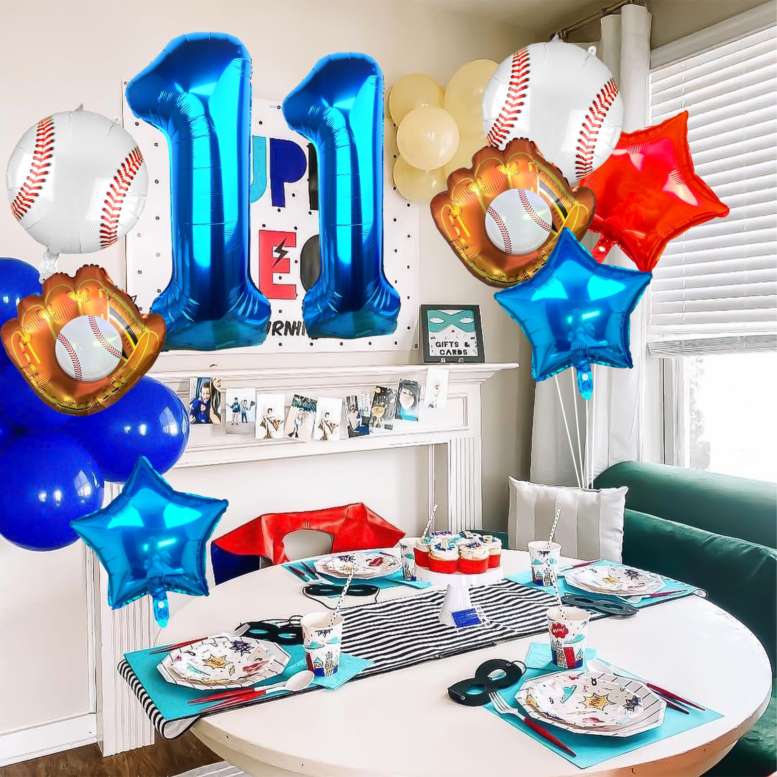 Baseball Balloons for 11th Birthday Party Decorations - Red White & Blue Star Balloons Set with Number 6 Balloon - Perfect for Rookie of The Year Baseball Theme Parties, Boys Sports Celebrations & Game Day Decor