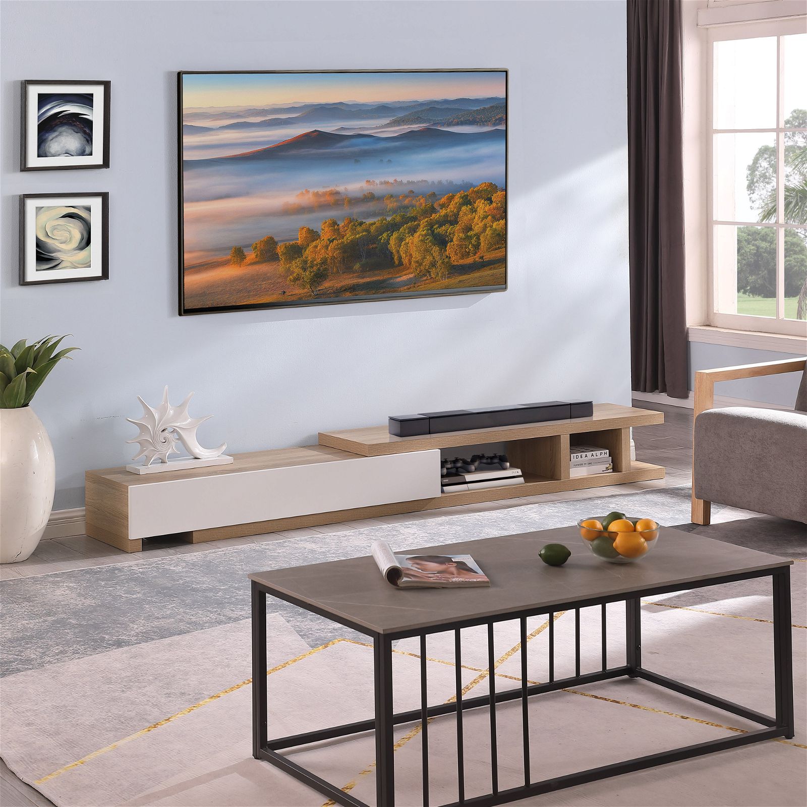 Criterion Extendable TV Stand 279cm - Solid Oak Entertainment Center for Living Room, Home Theater & Media Storage | Modern TV Cabinet with Adjustable Shelves
