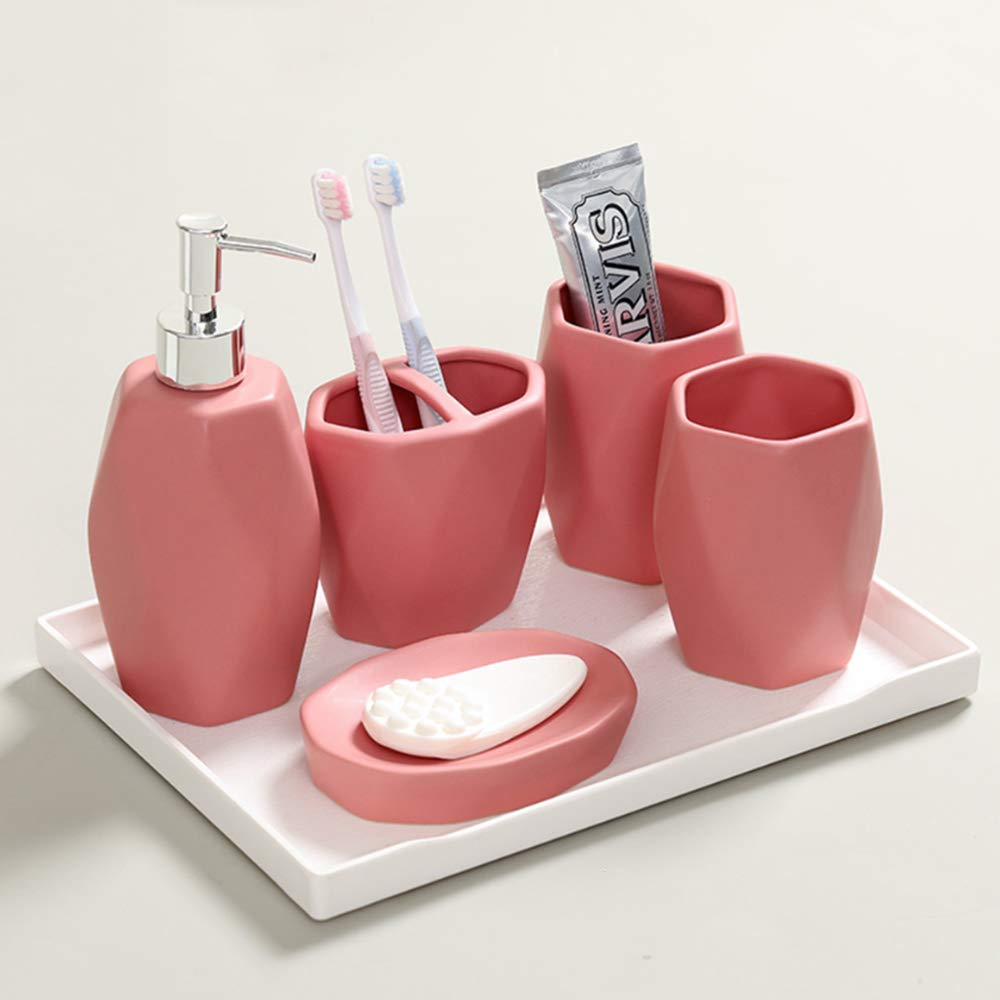 5/6-Piece Glazed Ceramic Bathroom Set - Diamond Geometric Soap Dispenser, Toothbrush Holder, Cup, Soap Dish & Tray - Multi-Color Options for Modern Bathroom Decor & Organization