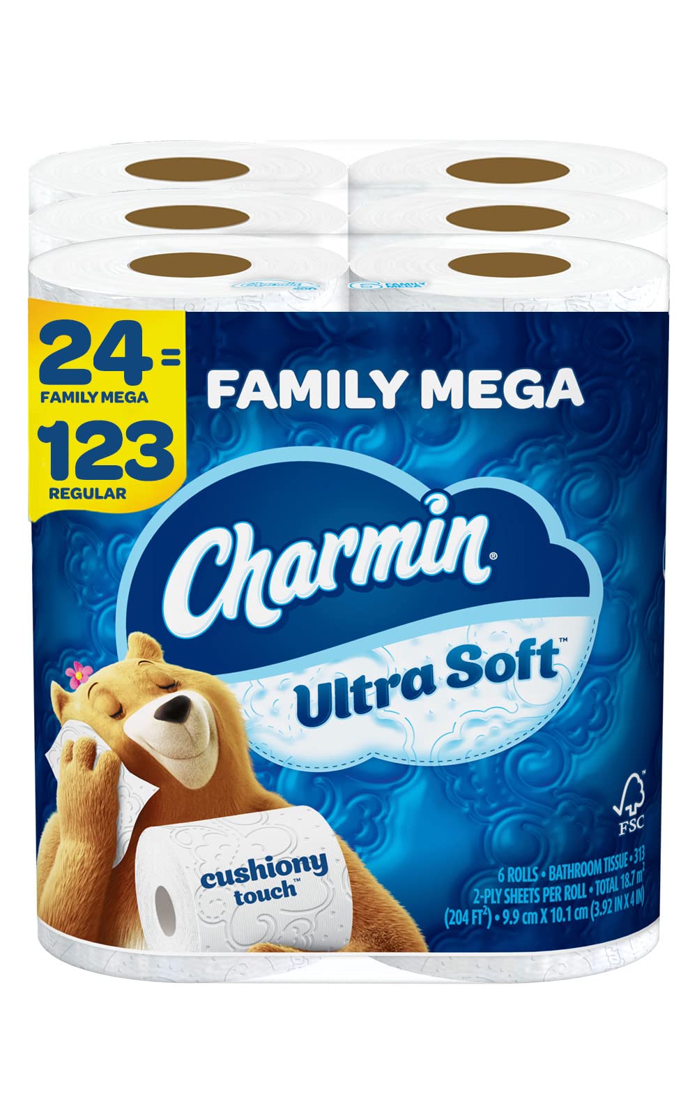 Charmin Ultra Soft Cushiony Touch Toilet Paper - 24 Family Mega Rolls (Equivalent to 123 Regular Rolls) | Gentle & Absorbent Bathroom Tissue for Home & Office Use
