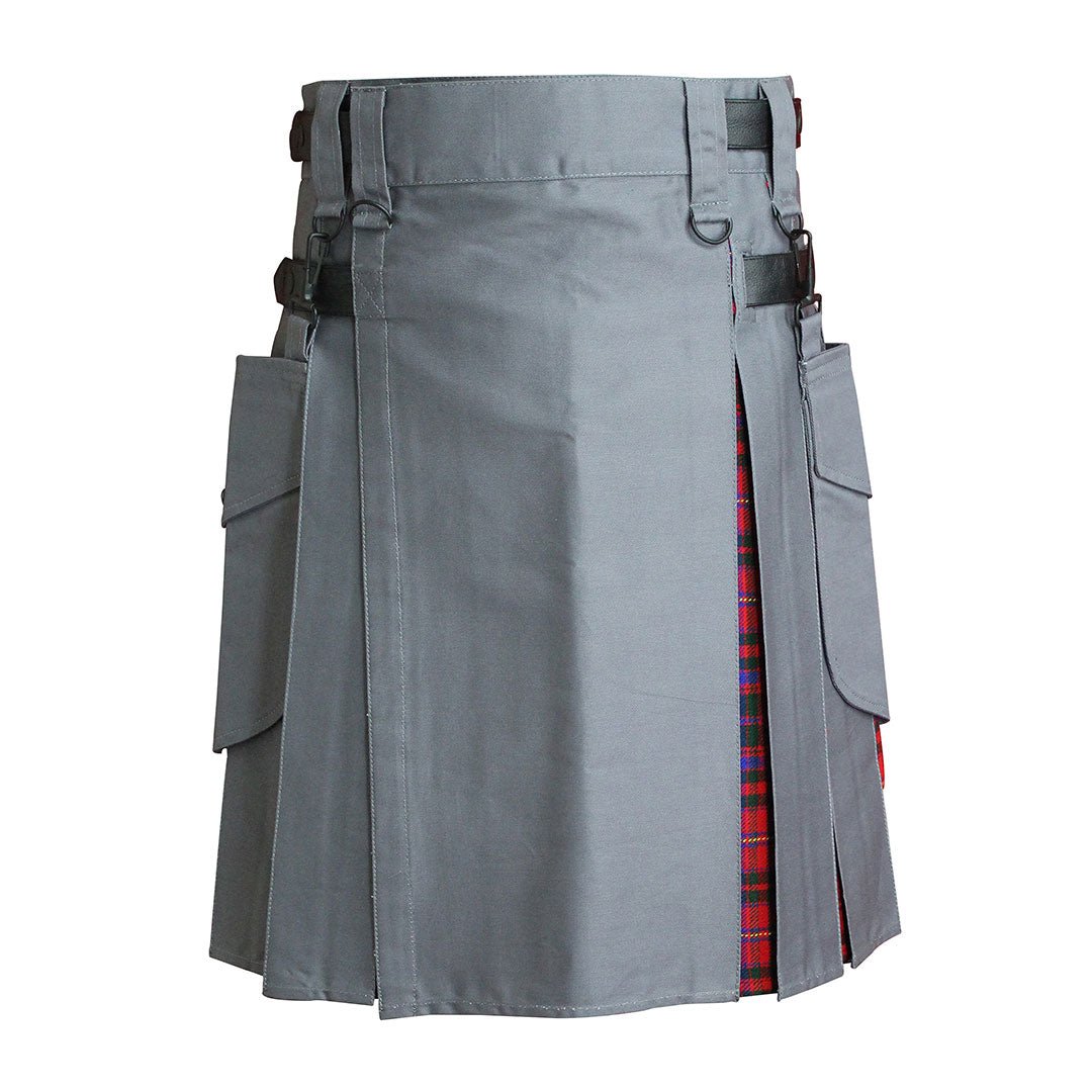 Hybrid Kilt Grey Tartan Skirt for Men - Traditional Scottish Utility Kilt with Pockets | Perfect for Highland Games, Cosplay, and Casual Wear