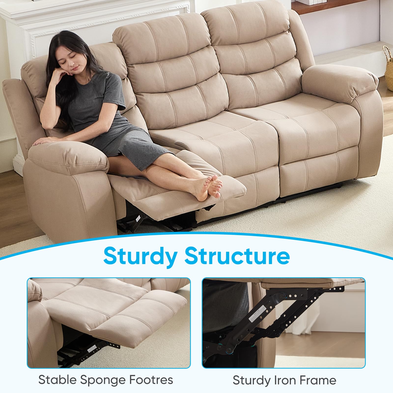 Mjkone 5-Piece Home Theater Seating Set - Manual Reclining Sofa with Cup Holders & Storage Console - 3-Seat Couch with Flip-Up Armrest + 2-Seat Loveseat - Beige Fabric Living Room Furniture for Movie Nights & Family Gatherings