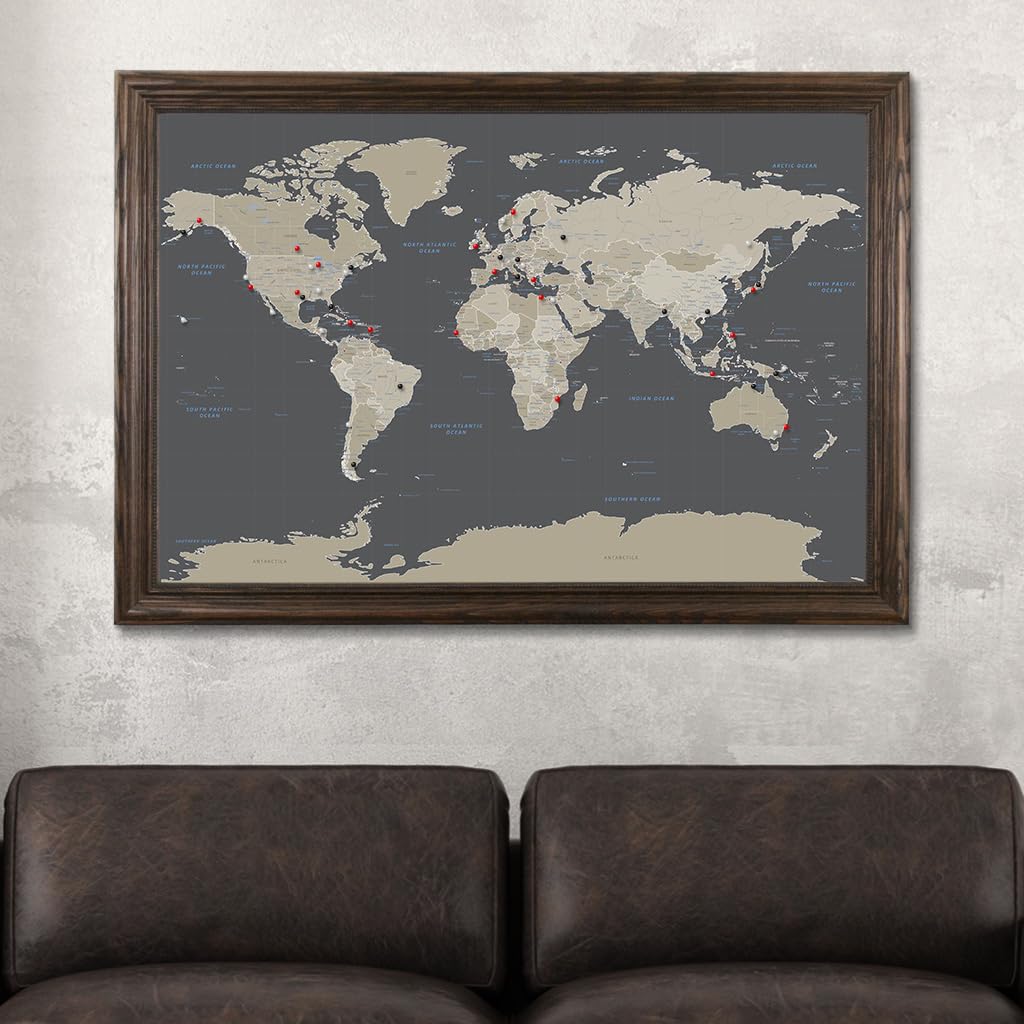 Custom Push Pin Travel Map - Handcrafted Solid Wood Framed World Map with 150 Pins - Earth Tone Wall Decor for Home Office - 27.5