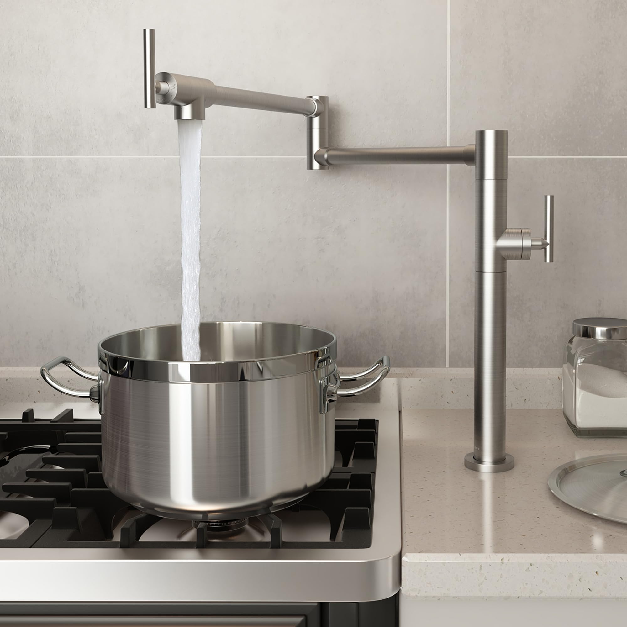 2-in-1 Commercial Grade Pot Filler Faucet - Deck Mount Brass Kitchen Faucet with Double Joint Swing Arms - Lead-Free Brushed Nickel Finish - Ideal for Stove Pot Filling in Restaurants & Home Kitchens