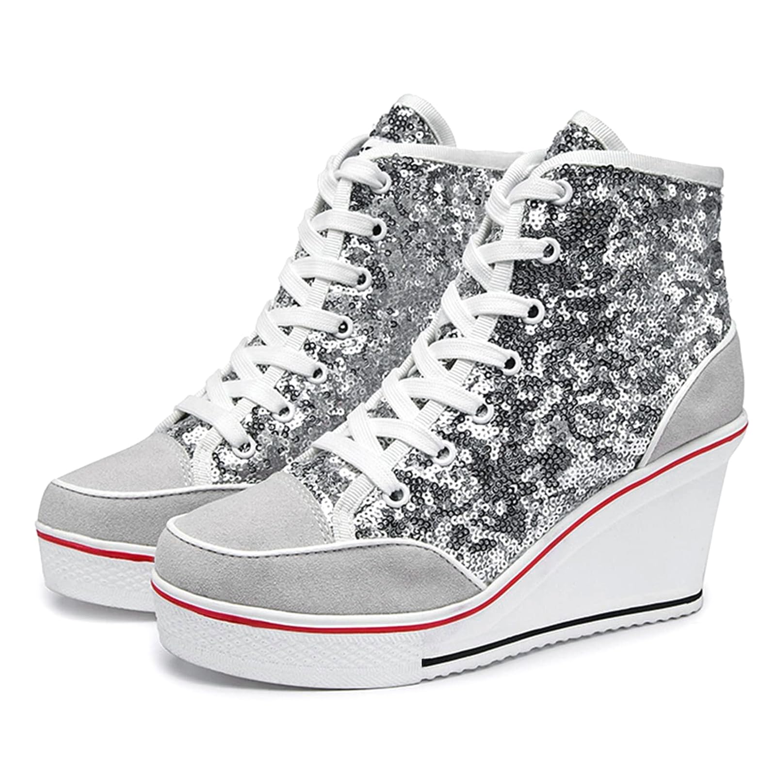 Sparkly Sequin High Top Lace Up Sneakers for Women - Glitter Platform Wedge Shoes for Wedding, Party & Dressy Occasions | Bling Tennis Shoes for Casual Wear & Dance