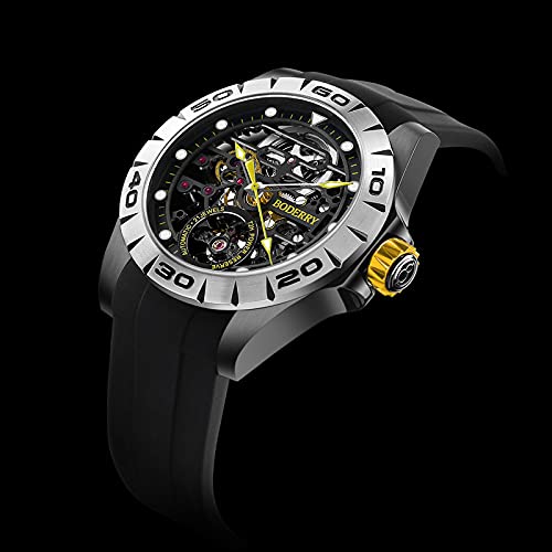 BODERRY Men's Stainless Steel Skeleton Automatic Watch - 72H Power Reserve, Self-Winding Mechanical Movement, Luminous Hands, Leather/Rubber Strap - Perfect for Business, Casual & Outdoor Activities