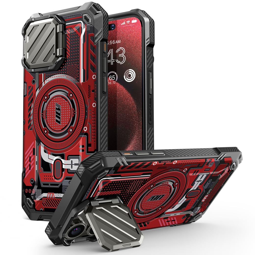 SUPCASE Heavy Duty Magnetic Phone Case for iPhone 15 Pro Max with Stand - Military-Grade Protection, Built-in Camera Cover & MagSafe Compatible (Red) - Perfect for Travel, Work & Outdoor Activities