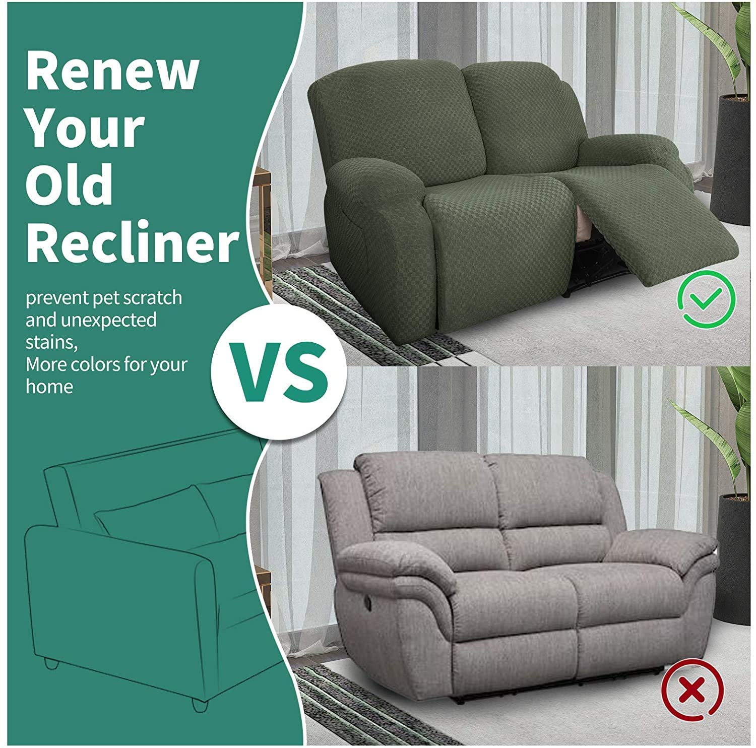 6-Piece Stretch Loveseat Recliner Slipcover - Jacquard Recliner Sofa Cover with Side Pockets & Elastic Bottom - Furniture Protector for Couches, Chairs (Army Green) - Perfect for Living Room, Family Room & Home Theater Seating Protection