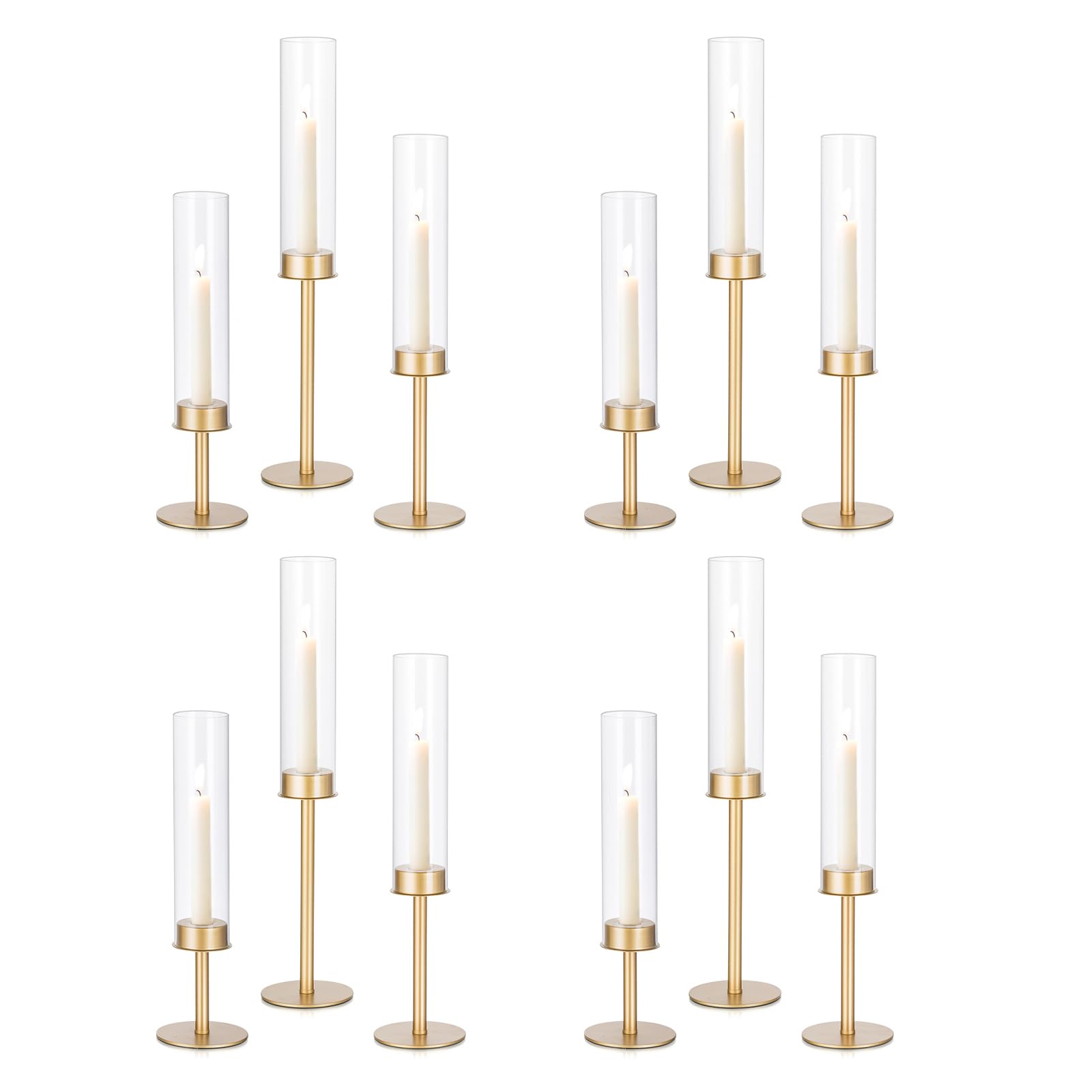 Golden Hurricane Glass Candle Holders - Set of 3 Tall Taper Candle Sticks for Wedding, Christmas, Dining Table Centerpiece Decor - Elegant Home Decor for Holiday Parties, Romantic Dinners & Seasonal Celebrations