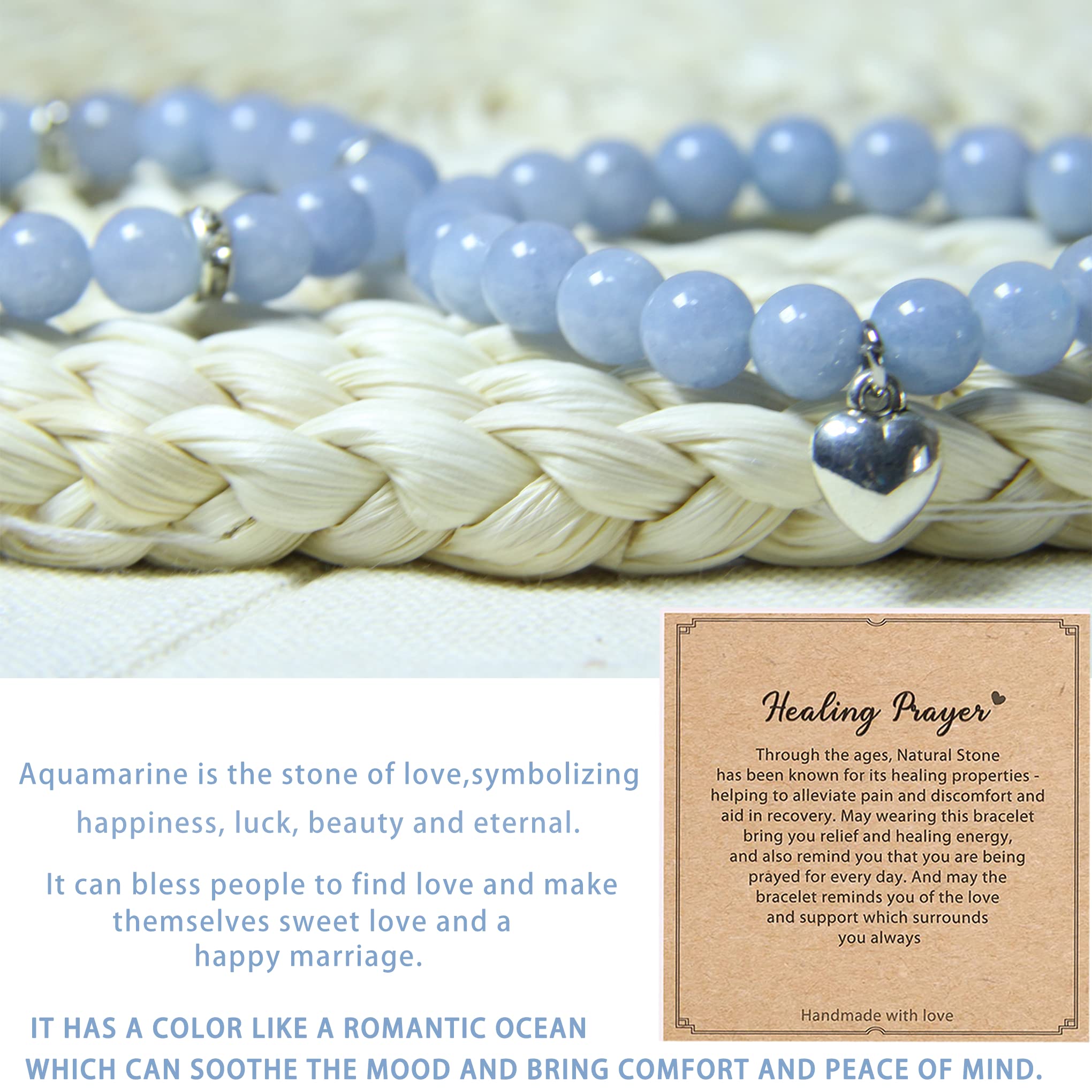 Healing Bracelets for Women - Aquamarine Crystal Prayer Bracelet with 8mm Natural Stones, Stress Relief & Yoga Beads - Perfect for Meditation, Wellness Gifts & Get Well Soon Presents