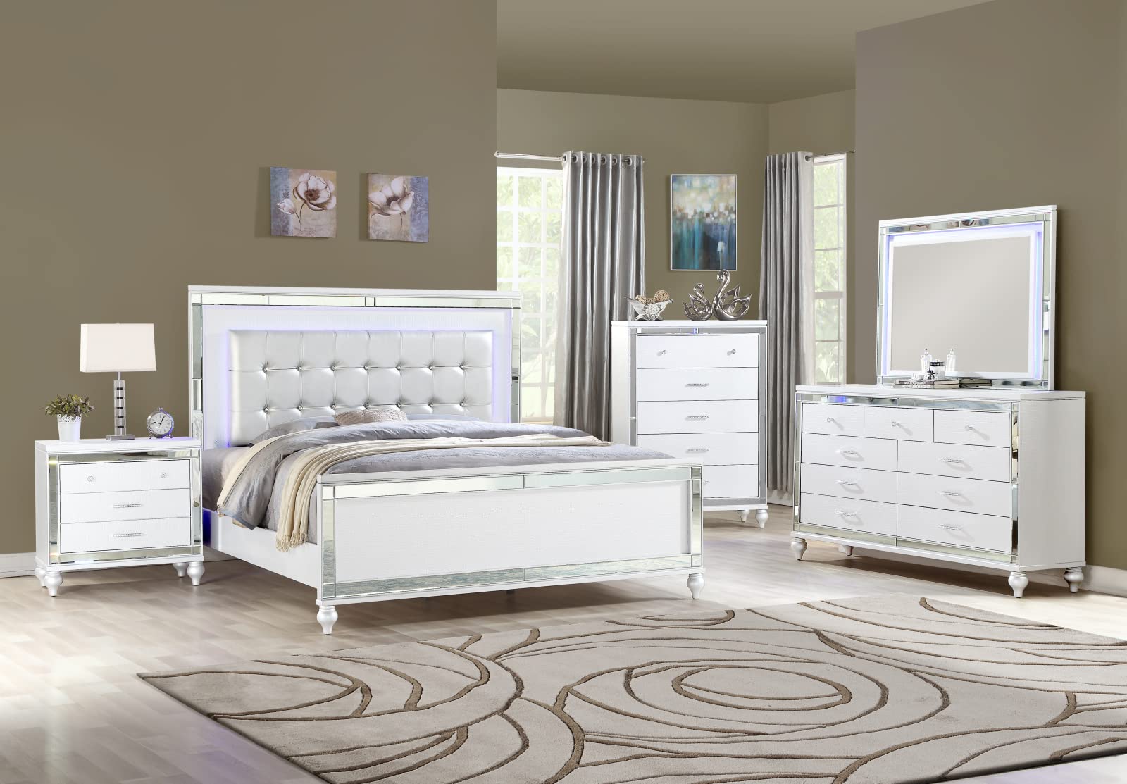 Lazyspace 5-Piece Modern Luxury Bedroom Set - Tufted Upholstered Queen/King Headboard Bed, Dresser, Mirror, Nightstand & Chest - Elegant Bedroom Furniture for Master Suite, Guest Room or Apartment