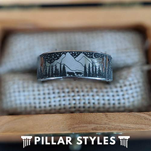 Tungsten Rings for Men - 8mm Mountain Landscape Nature Wedding Band with Wolf & Forest Design - Silver Starry Night Mens Ring - Durable Anniversary Gift for Outdoorsman, Hiker & Nature Lover - Perfect for Camping, Hiking & Outdoor Adventures