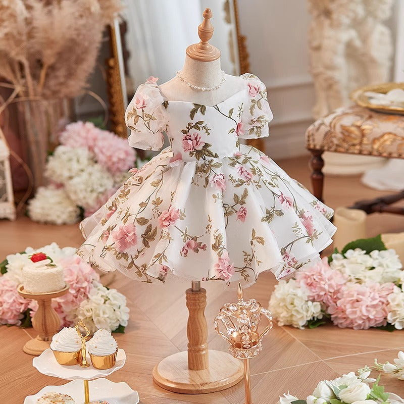 Elegant Baby Mesh Puff Sleeves Floral Dress for Birthday Party, First Communion, Christening & Special Occasions - Toddler Girls' Formal Outfit