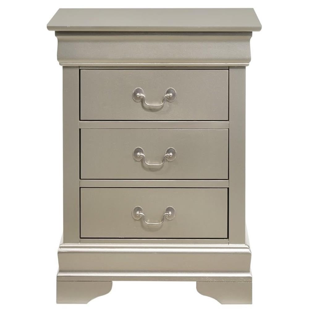 Glory Furniture Louis Phillipe 3-Drawer Nightstand in Silver Champagne - Elegant Bedside Table for Bedroom Decor & Storage