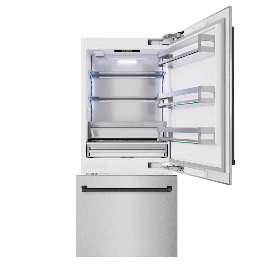 ZLINE Autograph Edition 36 Inch Built-In Bottom Freezer Refrigerator - 19.8 cu.ft Capacity, Water Dispenser & Ice Maker - Satin Stainless Steel with Matte Black Accents (RBITZ SN 36 MB) - Perfect for Modern Kitchens, Open Concept Homes & Luxury Appliances Collection