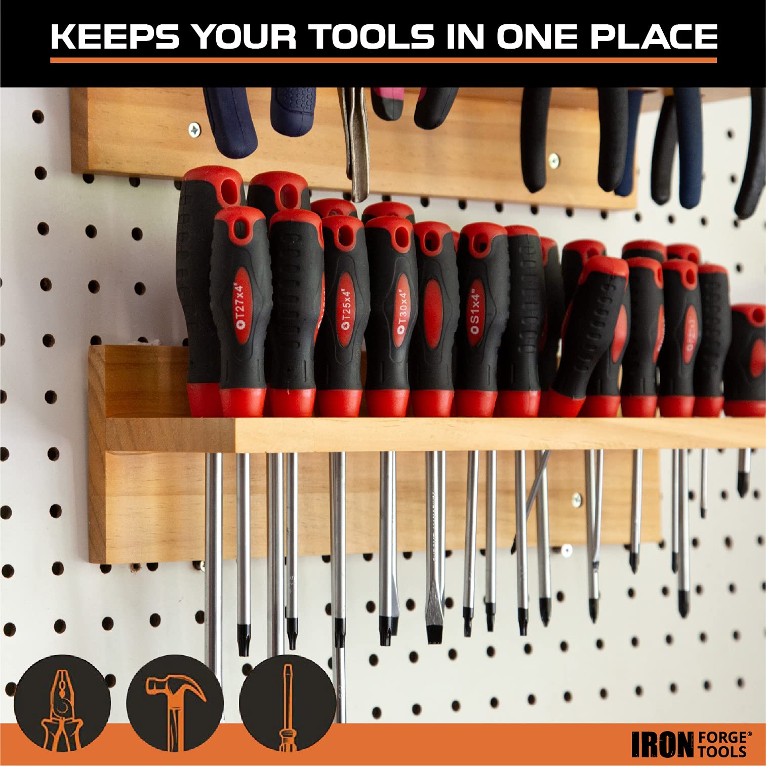 Iron Forge Tools Screwdriver Organizer, Hammer Holder & Pliers Rack - Wall Mounted Workshop Tool Storage for Garage, Shed & DIY Projects - Heavy Duty Metal Hand Tool Organizer for Easy Access & Space Saving