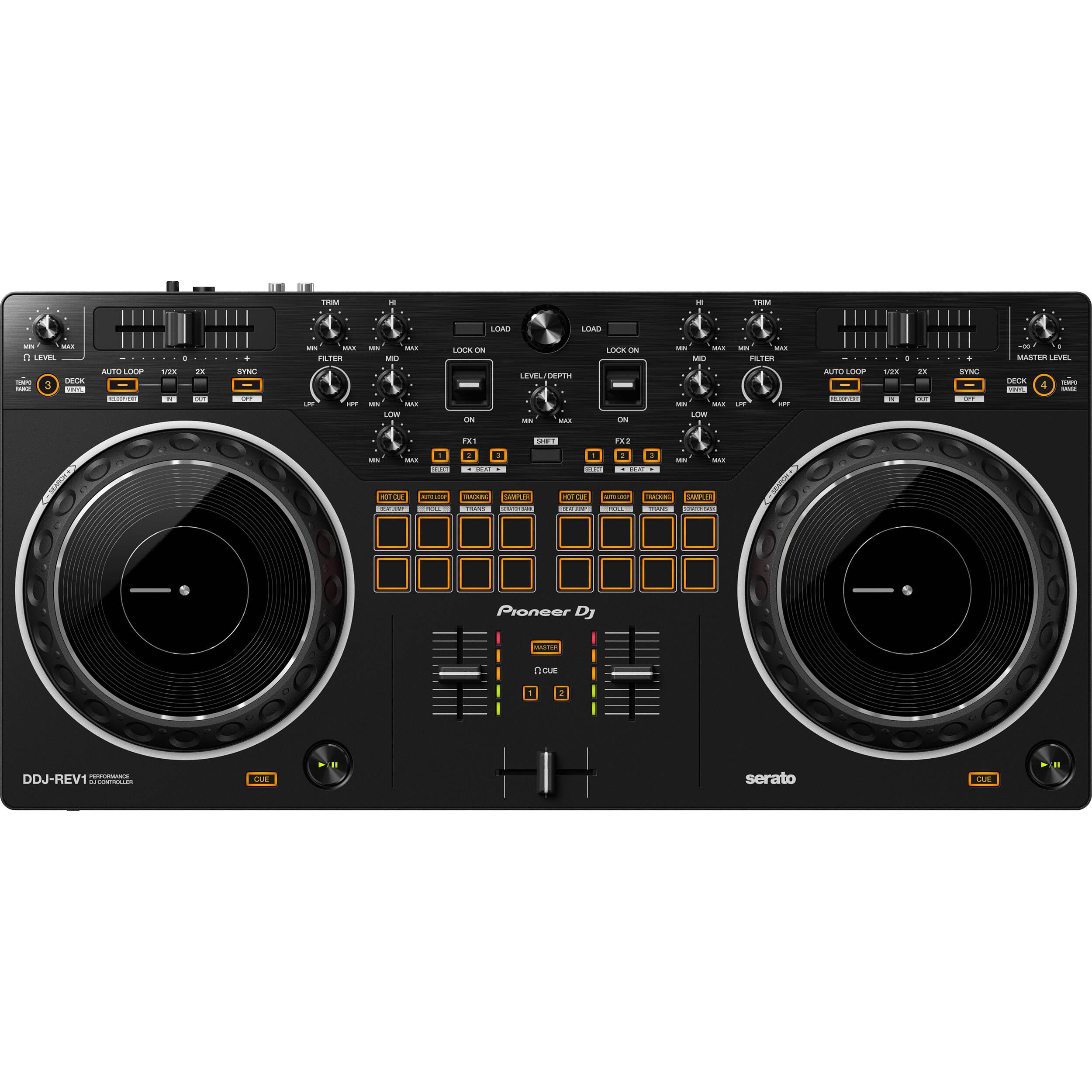 Pioneer DDJ-REV1 Professional DJ Controller Bundle with Adjustable Laptop Stand, Monitoring Headphones, Essential Cables & Polishing Cloth - Perfect for Live Performances, Home Studios & DJ Beginners