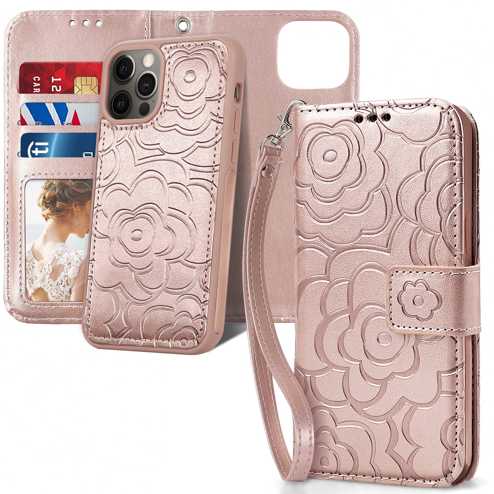 Magnetic Detachable Wallet Case for iPhone 13 Pro Max 5G - Leather Folio Flip Cover with RFID Card Holder & Strap - Women's Camellia Rose Pink Phone Case | Perfect for Everyday Use, Travel & Secure Card Storage