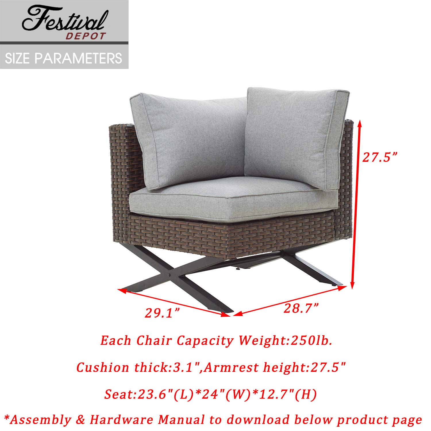 Wicker Patio Chair with Left Armrest & Thick Cushions - Rattan Dining Chair with X-Shaped Metal Legs - All-Weather Outdoor Furniture for Garden, Yard, Poolside, Patio & Backyard Relaxation