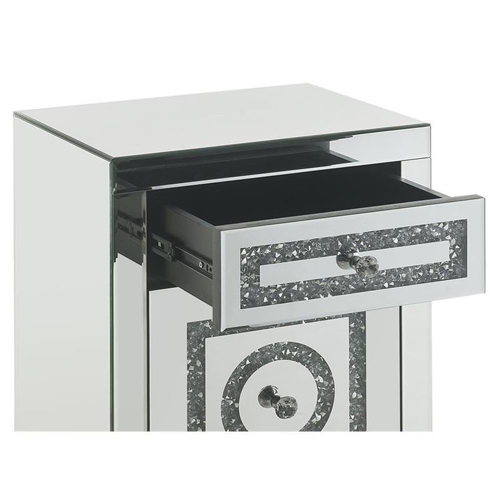 Acme Noralie Glass Accent Table with 2 Drawers - Elegant Mirrored Finish & Faux Diamond Decor | Perfect for Living Room, Bedroom, or Entryway Decor