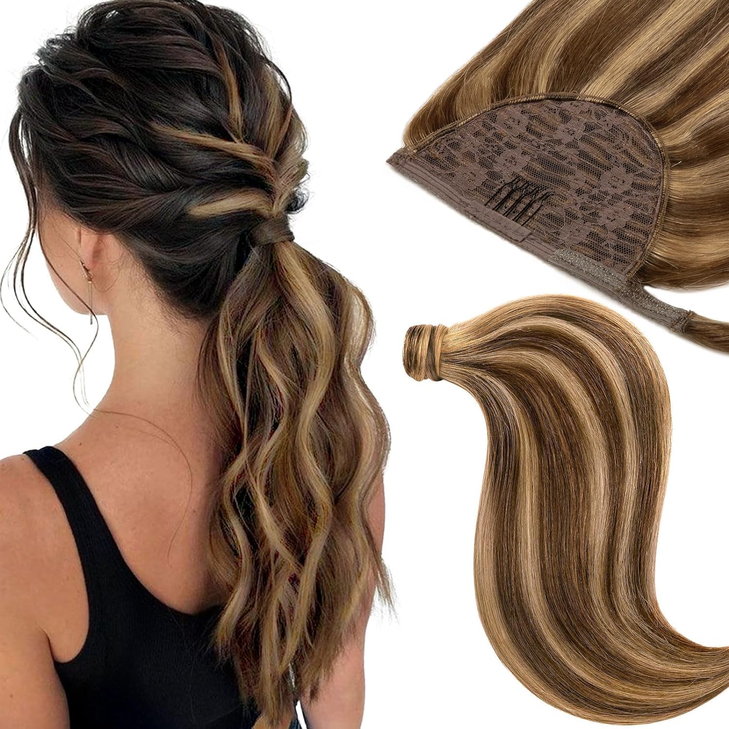 Loxxy 20 Inch Human Hair Ponytail Extensions - 90g Chocolate Brown Mixed Strawberry Blonde, Natural Hair Ponytail with Magic Paste for Women | Perfect for Parties, Weddings & Everyday Styling