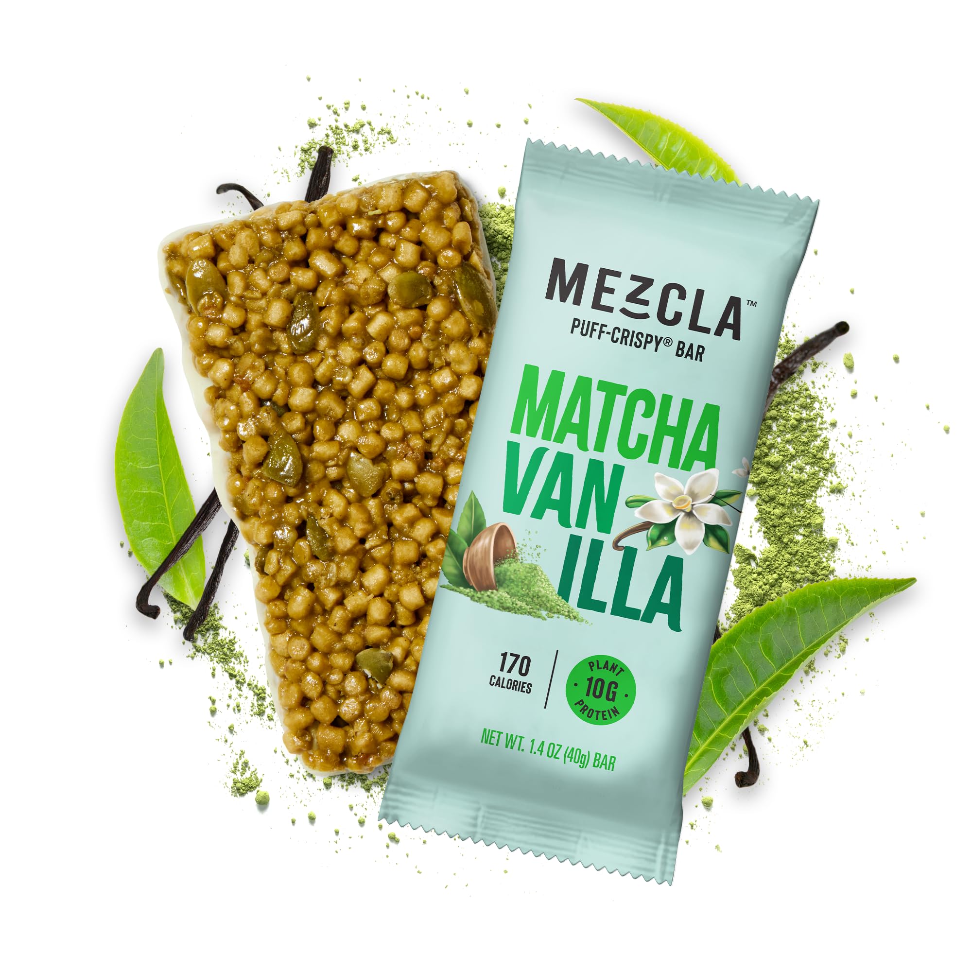Mezcla Puff-Crispy Protein Bar - Matcha Vanilla Flavor | Vegan, Gluten Free, Plant-Based Protein Snack | Perfect for Workouts, Hiking & Healthy On-The-Go Energy