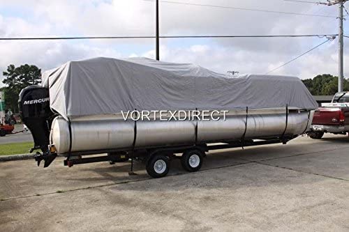 **28 FT VORTEX Ultra 5-Year Heavy-Duty Canvas Pontoon Boat Cover – Elastic Hem & Adjustable Strap System – Fits 27'1