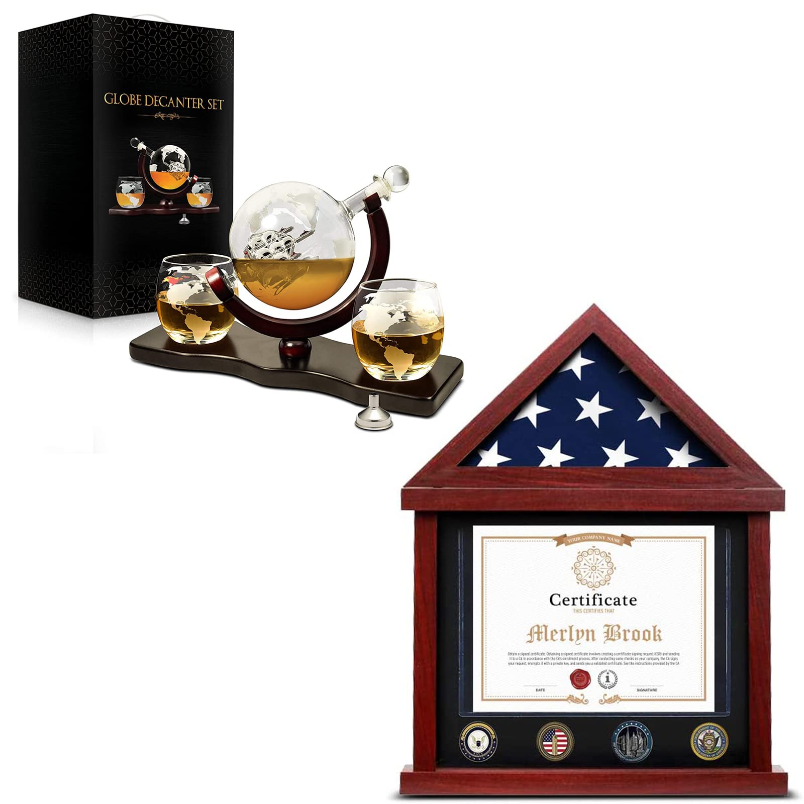 FlyBold Military Shadow Box Display Case - 3x5 ft American Flag with Certificate, 95% Flag Coverage, Mahogany Frame & Whiskey Decanter Set (28oz Globe with 2 Glasses & Funnel) - Perfect for Home Decor, Man Cave, Military Memorabilia Display & Whiskey Lover Gifts