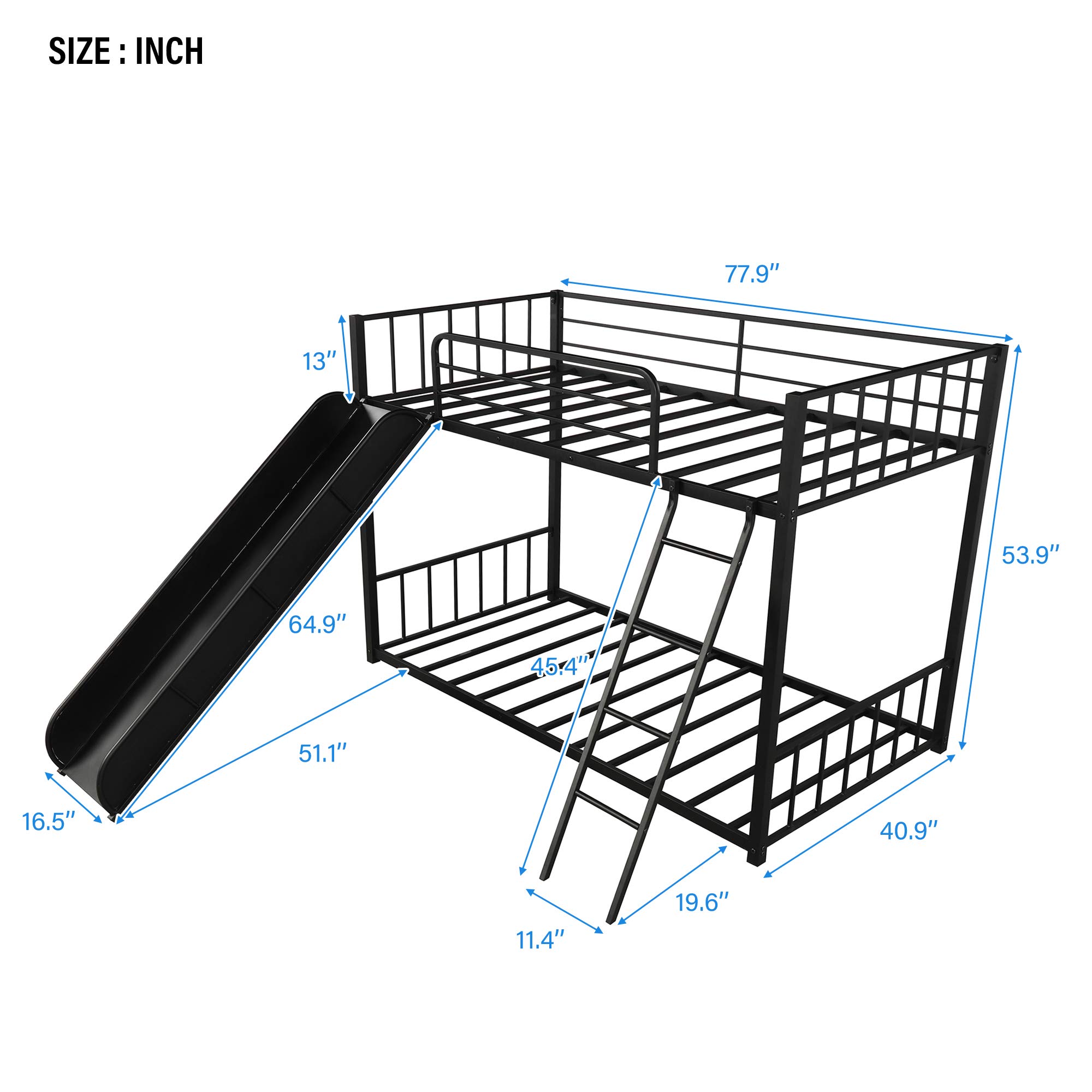 KLMM Heavy Duty Metal Bunk Bed with Slide & Safety Guard Rails - Twin Size Black Bed Frame for Kids & Teens - Perfect for Shared Kids' Rooms, Sleepovers & Space-Saving Bedroom Solutions