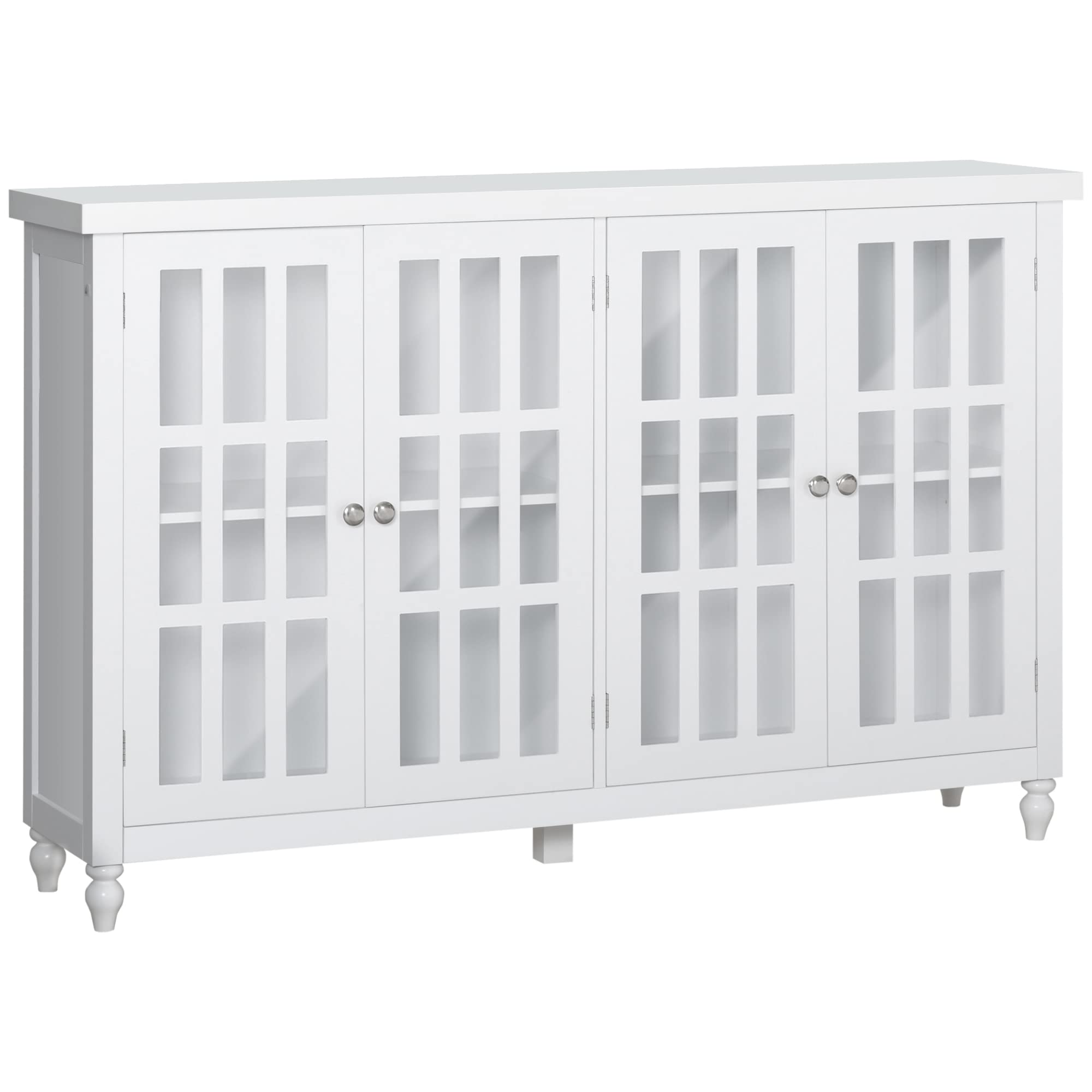HOMCOM White Sideboard Buffet Cabinet with 4 Tempered Glass Doors, Adjustable Storage Shelf & Stripe Pattern - Modern Credenza for Dining Room, Living Room, or Entryway Storage