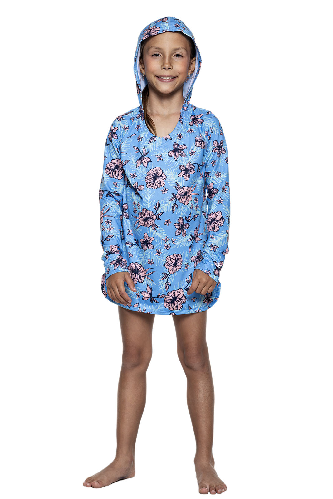 Girl's Seacoast Swim Cover Up Dress - Light Blue Tropical Print Beachwear for Kids | Perfect for Poolside, Beach Vacation & Summer Outings