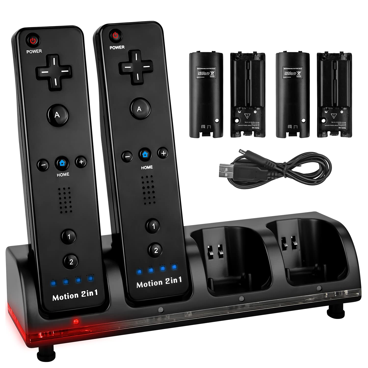 TechKen 4-Pack 2800mAh Rechargeable Batteries for Wii Remote Controller with Charging Dock Station (Black) - Perfect for Gaming, Home Entertainment & Long Play Sessions