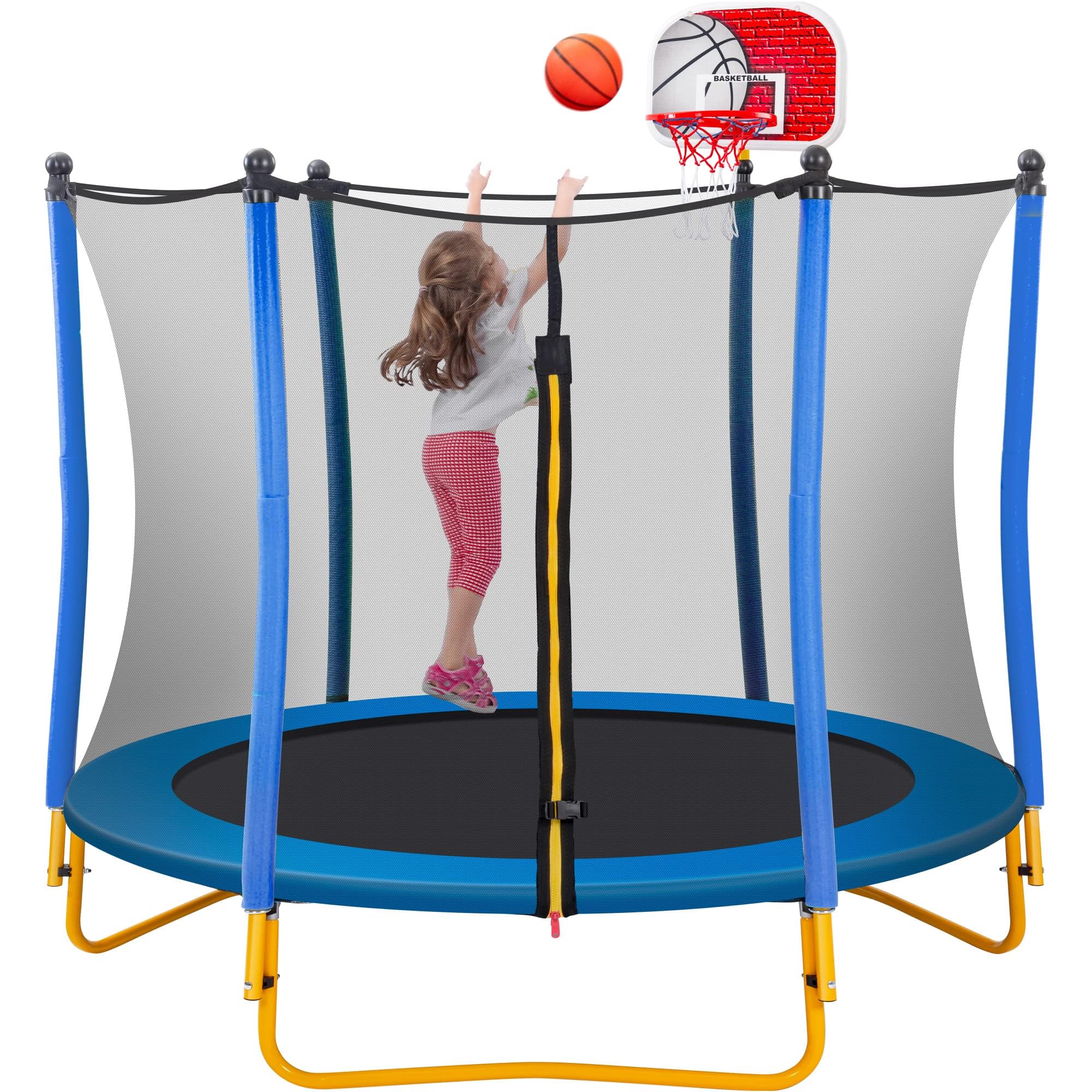 **Merax 66'' Kids Trampoline with Basketball Hoop, Rubber Ball & Safety Net – 5.5FT Mini Trampoline for Toddlers Ages 1-8 | Indoor & Outdoor Use – Perfect Birthday Gift for Active Play & Backyard Fun**