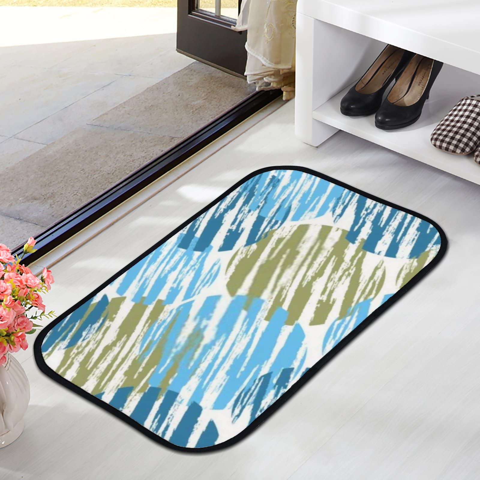 Non-Slip Bath Rug - Soft Microfiber Velvet Bathroom Mat with Decorative Circles, Absorbent & Quick-Drying, 31x20 Inch - Perfect for Shower, Bathroom Floor & Entryway, Blue