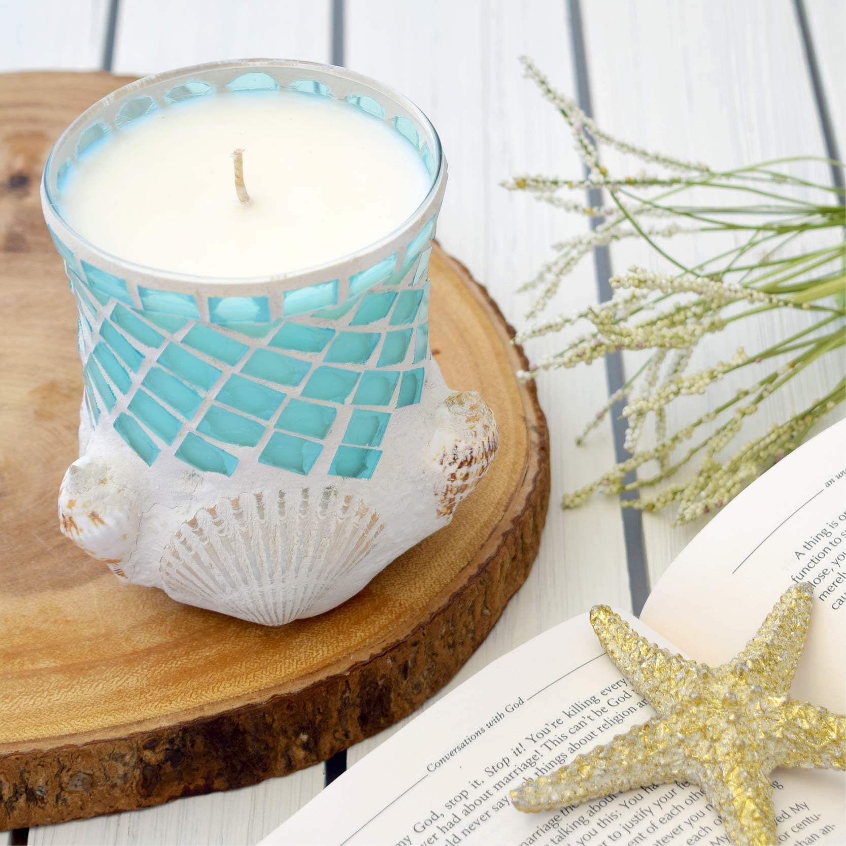 Hand-Poured Soy Candle with Seashell & Nautical Design - 13oz Luxury Home Decor Candle, 80+ Hour Burn Time, Beach Linen Scent - Perfect for Coastal Decor, Relaxation & Gift Giving
