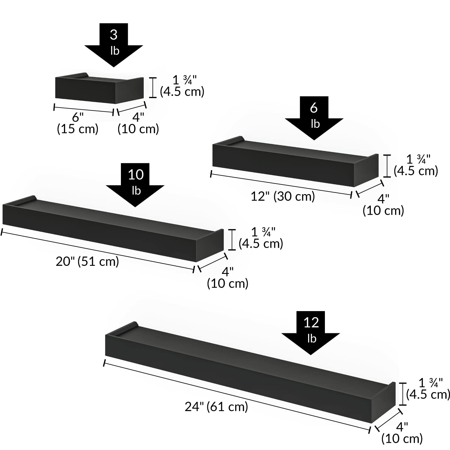 Ballucci Modern Ledge Wall Shelves - Set of 4 Wood Floating Shelves for Home Decor, Bedroom, Bathroom, Living Room, Kitchen & Nursery - Black - Perfect for Displaying Photos, Books & Decorative Items