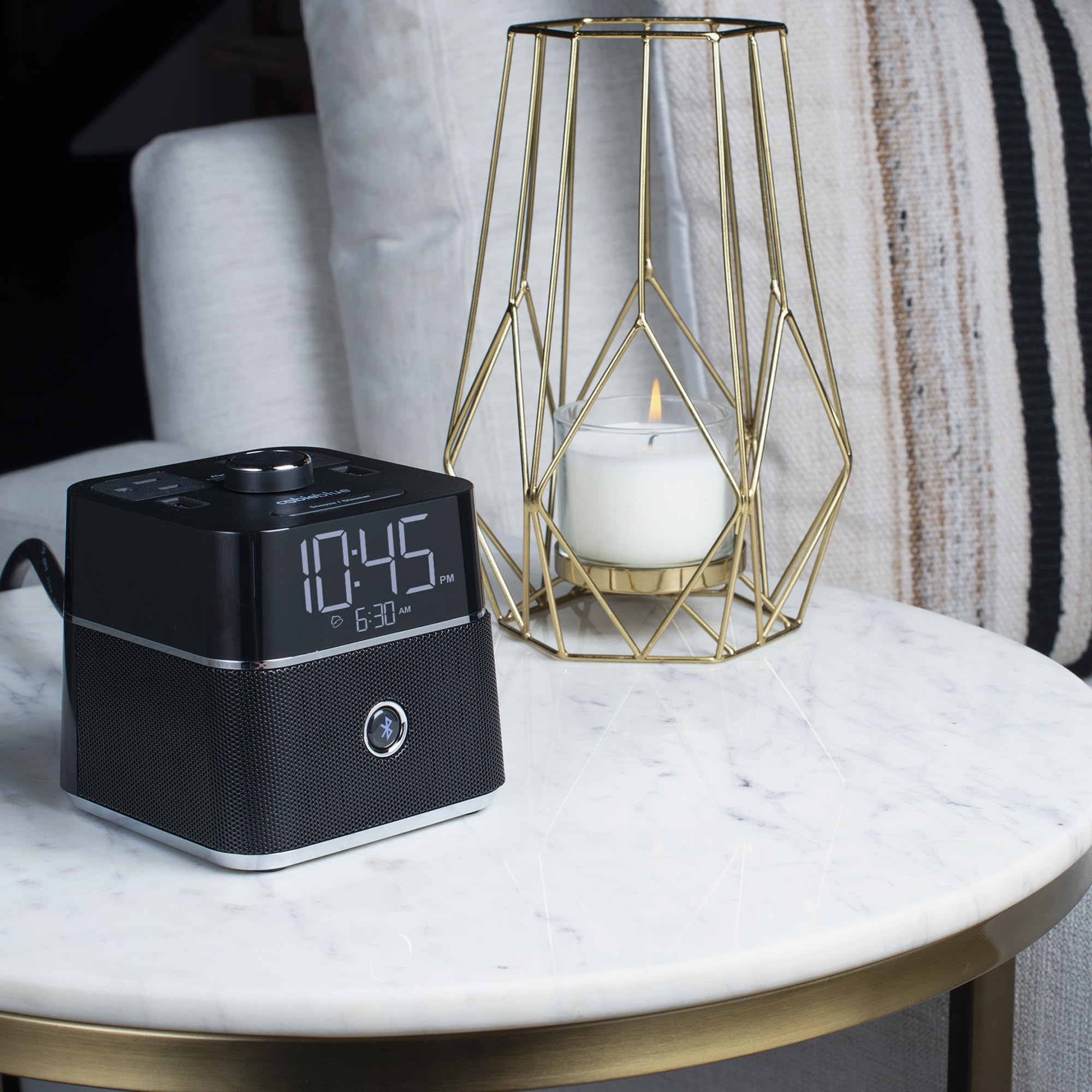 Brandstand CubieBlue - Smart Alarm Clock with Dual USB Charging Ports & Tamper-Resistant Outlets, Built-in Bluetooth Speaker for Bedroom, Office, Travel | Wake Up to Music & Charge Devices Simultaneously