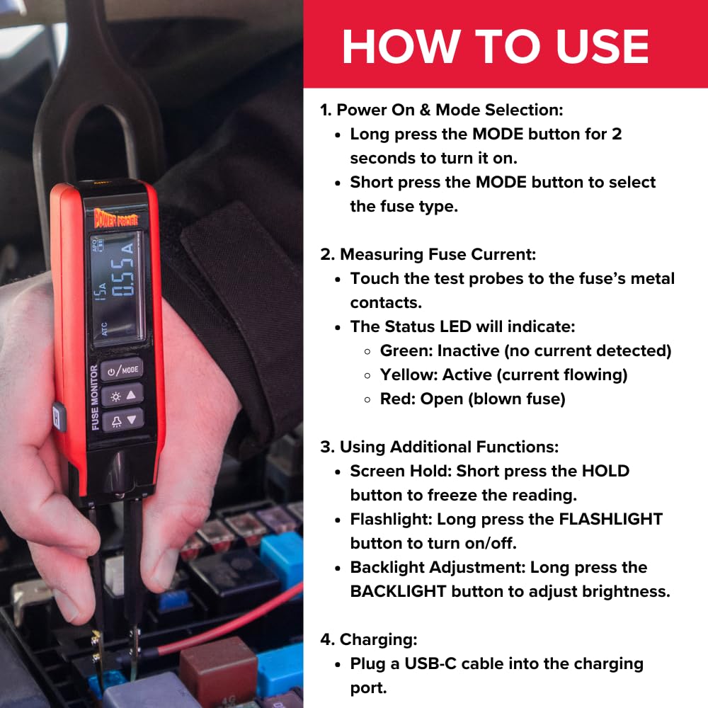 Power Probe PPFUSE Fuse Monitor - Circuit Tester for Mini, Maxi & ATC Fuses with Live Current Readings Up to 80A - Replaceable Tips & Built-in Flashlight for Automotive Electrical Diagnostics & Emergency Repairs
