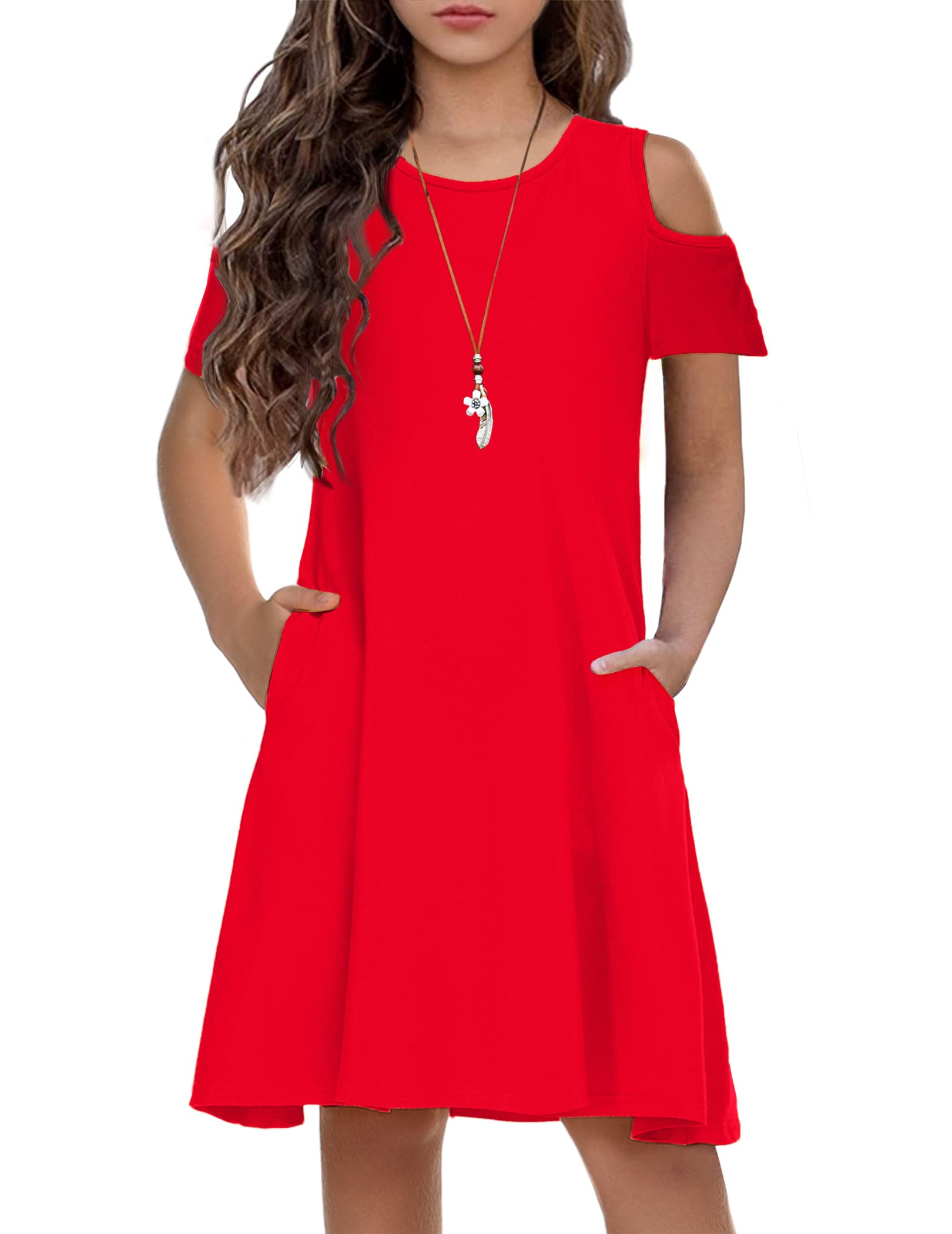 Arshiner Girls Summer Dress - Short Sleeve Cold Shoulder Solid Color Swing Casual Dress with Pockets | Playdate & Beach Outfit for Toddlers